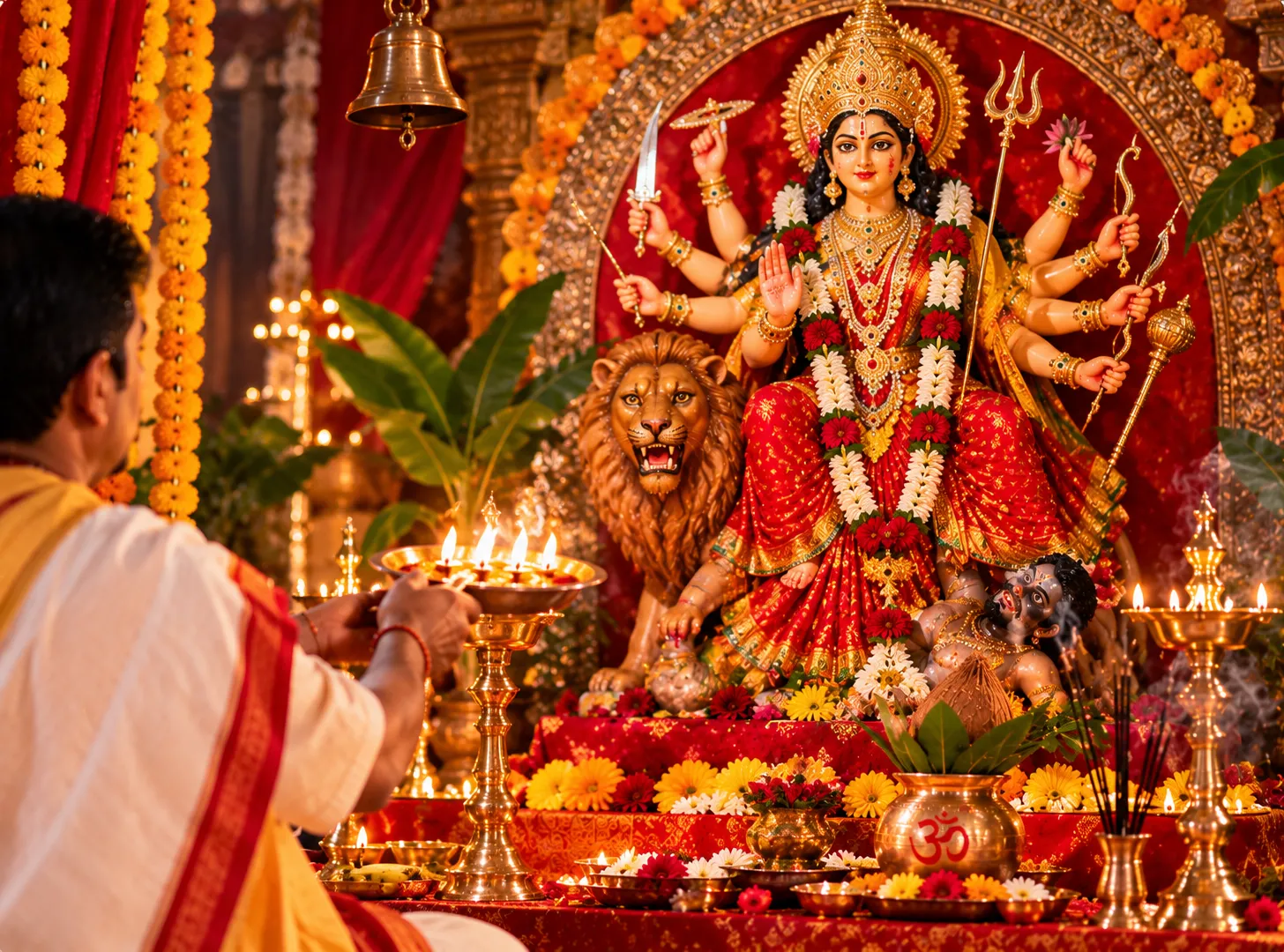 Durga Puja – Maa Durga aarti altar with sacred offerings by Purohit Hub